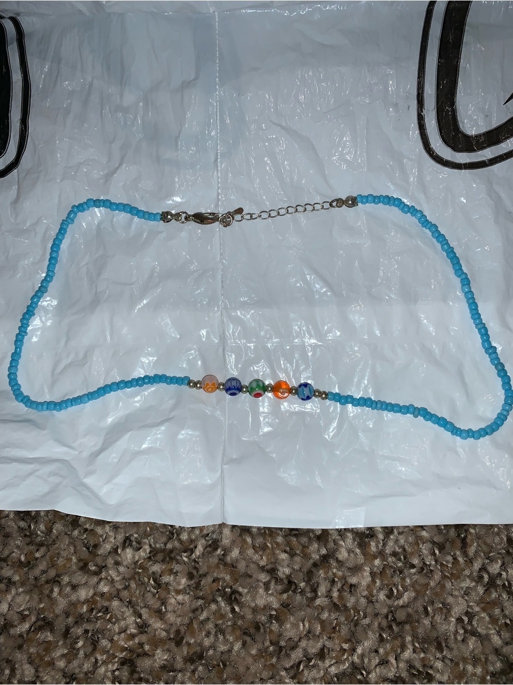 Handmade Blue Seed Bead Necklace with Multicolor Accent Beads